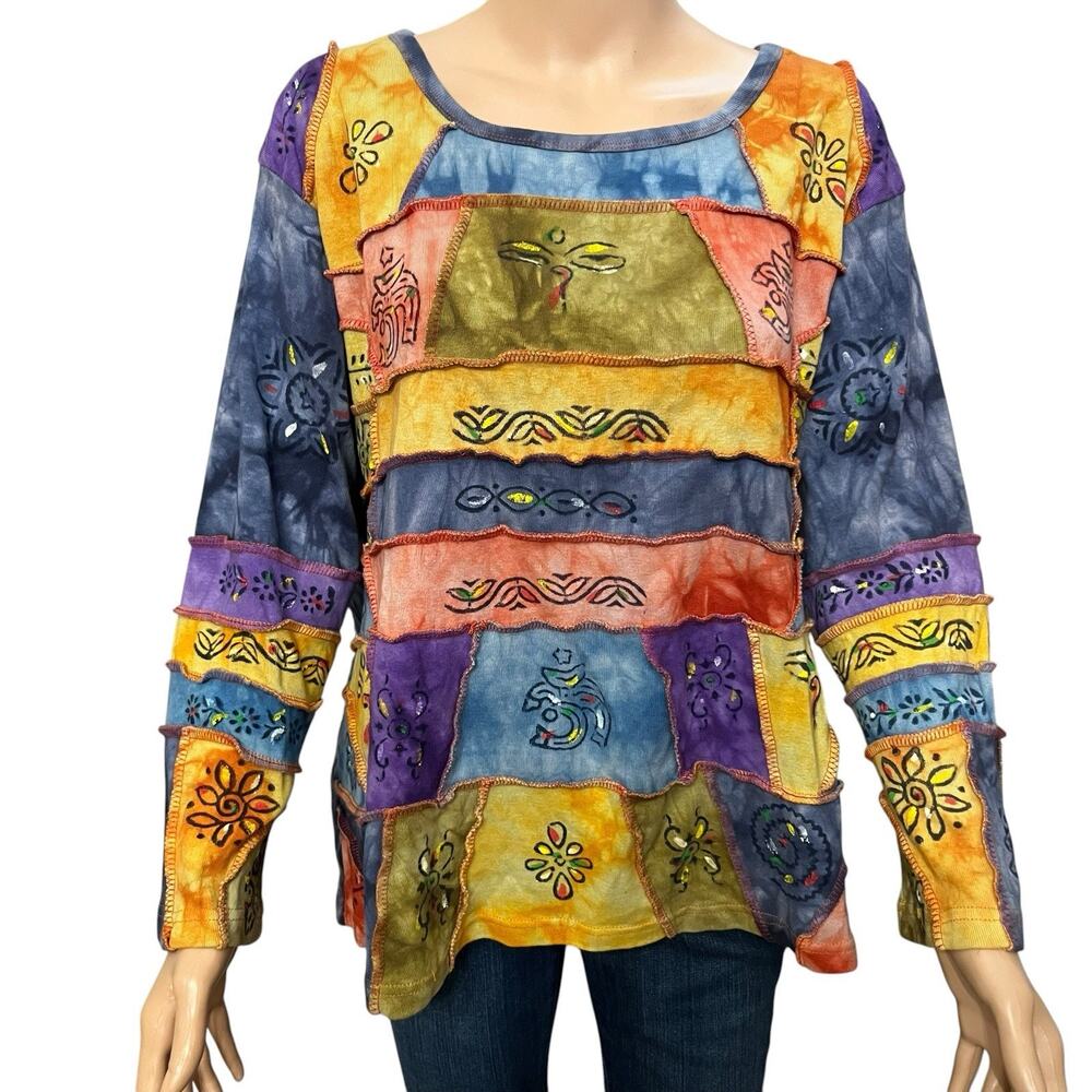 Rising International Patchwork Boho Tshirt Large Colorful Hippie Painted Tie Dye